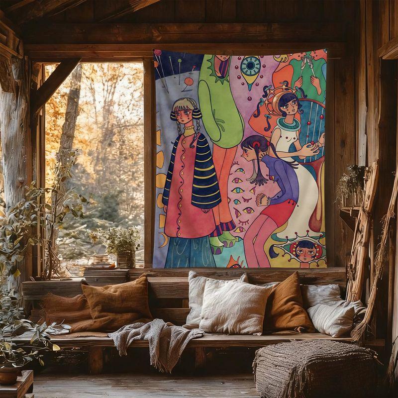 Abstract Cartoon Figure Tapestry Surreal Colorful Character Art Polyester Wall Hanging Aesthetic Bedroom Dorm Home Decor