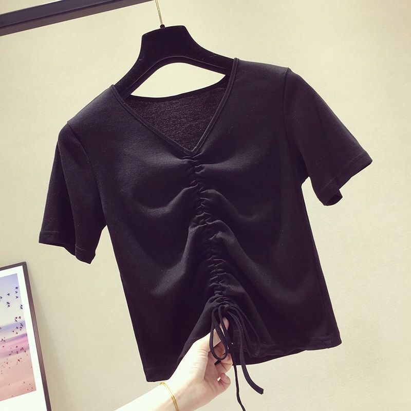 

Сексуальная футболка с V-образным вырезом, женская футболка с коротким рукавом и завязками, повседневные топы с рюшами, укороченный топ, женская летняя футболка, уличная одежда S чёрный