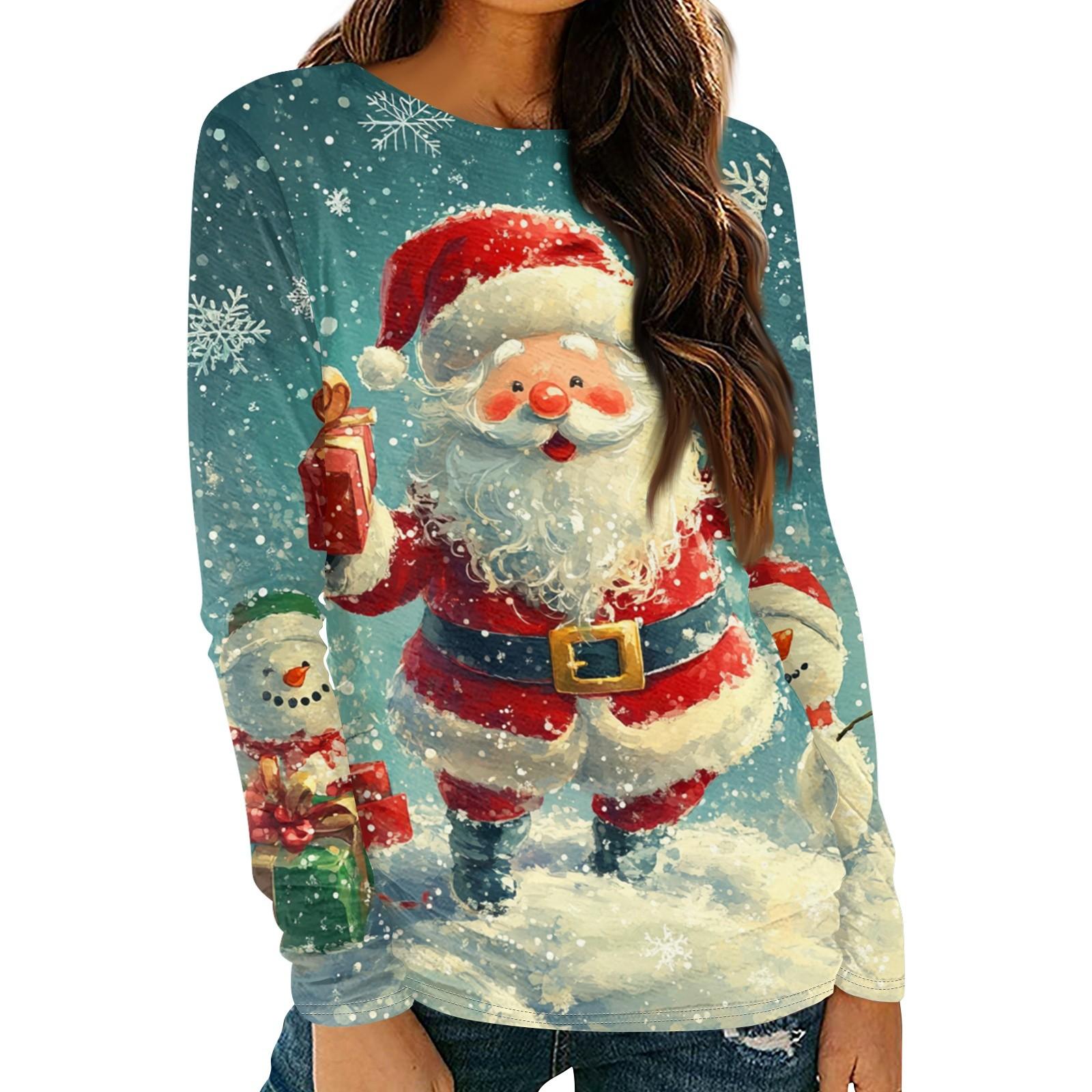 Женская мода круглый вырез пуловер с глубокими рукавами футболка с рождественским принтом — фото 3