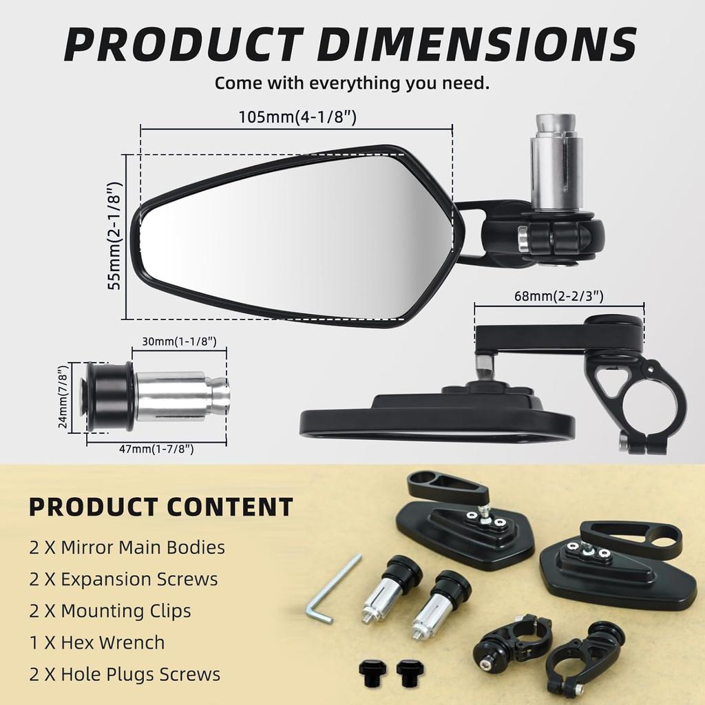 Motorcycle Mirrors For Handlebars, 7/8" Bar End Mirrors Include Mirror Plugs Compatible With Honda Grom MSX125 Z650 Z125 Pro Z750 Z800 MT-07 MT-03