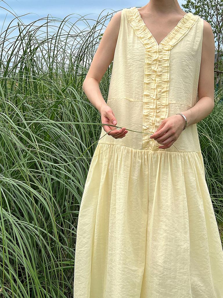 Johnature French Clear Fungus Edge A-line Korean Casual Loose Dresses Women Summer Sweet V-neck Sleeveless Dress