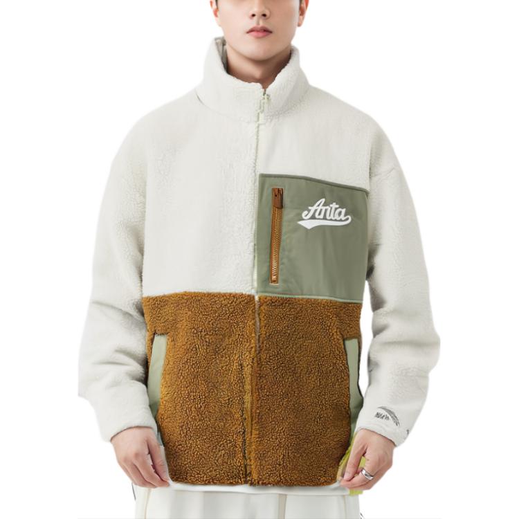 Anta Color Block Fleece Jacket Off-white Brown and Green Color Block Unisex 152348709-1