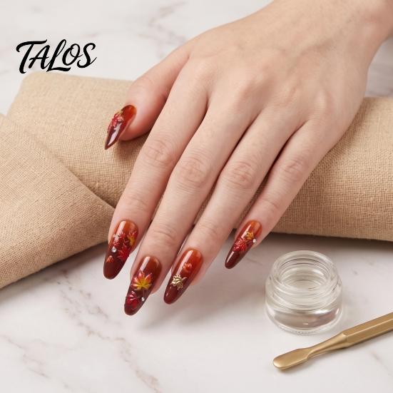 Waterproof Nail Art Stickers Autumn Maple Leaf Stickers, Self-Adhesive Fall Leaves Decals, Decorative Women Embossed Manicure for Home and Salon