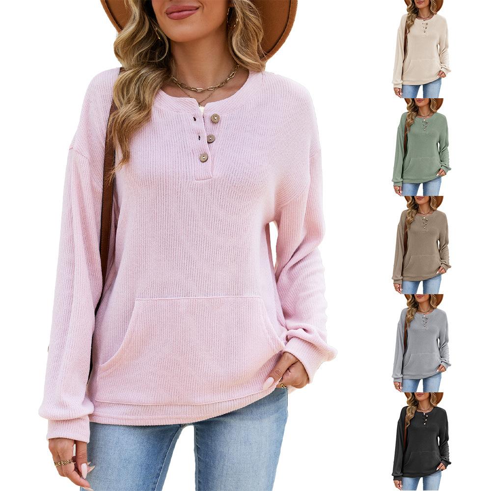 New Autumn-winter Pure-color Round-neck Button-up Loose-fitting Long-sleeved Pocketed Hoodie for Women