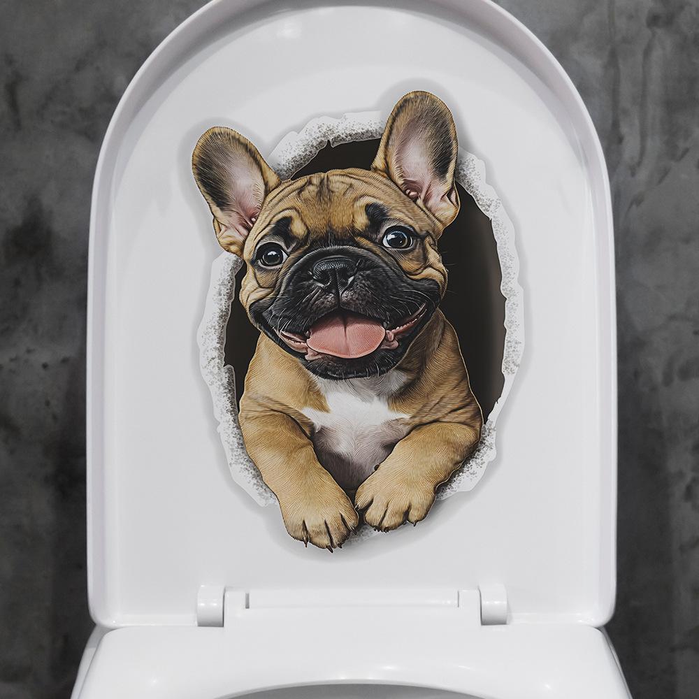 Cute French Bulldog 3D Illusion Toilet Wall Sticker Self-Adhesive Removable Bathroom Funny Home Decor Art