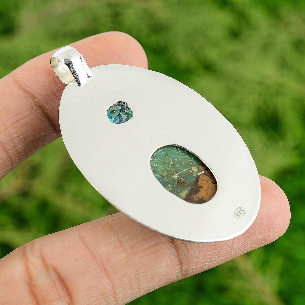 Oval Chrysoprase Gemstone Swiss Blue Topaz Bezel Pendant Jewelry Sterling Silver