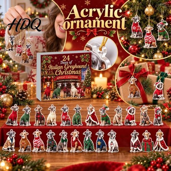 Dog Lover Christmas Gifts Greyhound Advent Calendar 24 Days Countdown 2D Acrylic Hanging Ornaments Flat for Holiday Tree Decoration Pendants