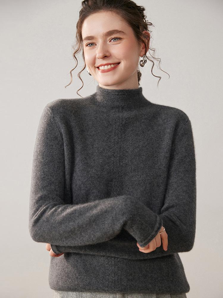 Women's Cashmere Rolled Hem High-Collar Hollow Sweater - Loose Knit Base Layer for Autumn/Winter