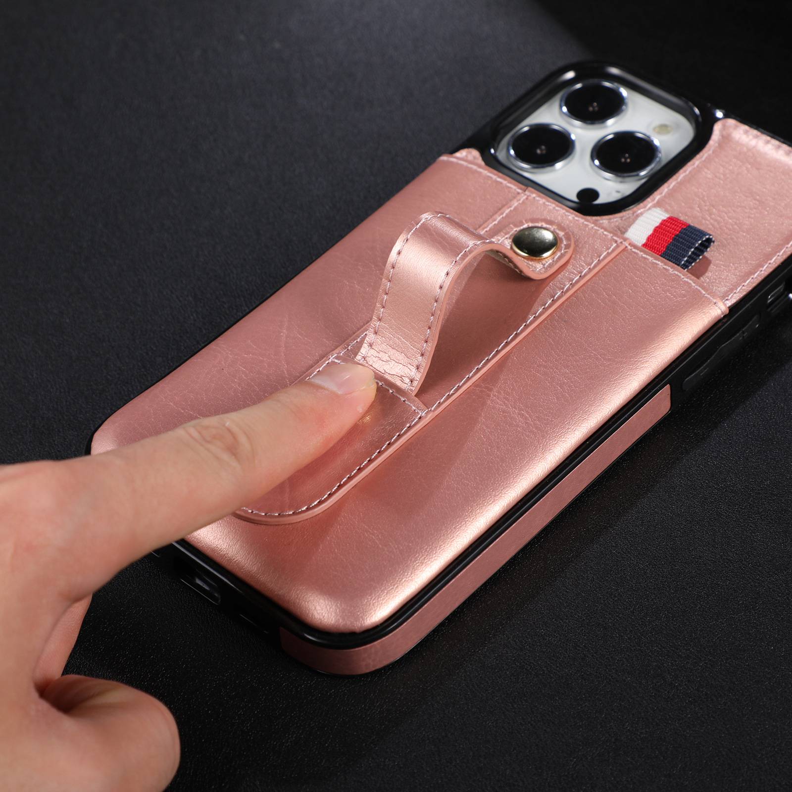 

For iPhone 13 Pro Max 6.7 inch Handy Grip Strap Phone Case Built-in Card Slot Kickstand PU Leather Coated TPU Phone Cover Rose Gold