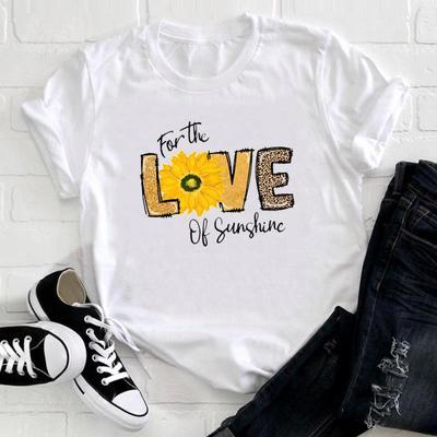 (Asian Size) Tee Top Love Letter Flower Trend Cute Sweet Fashion T Shirt Women Print Lady Female  Clothing Casual Short Sleeve Graphic T-shirt
