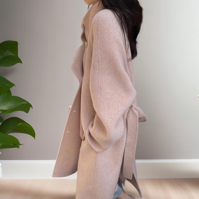 Dámský kašmírový vlněný kabát oboustranný ve stylu korejského stojáčku, jednořadé zapínání, luxusní pro podzim/zimu 2025