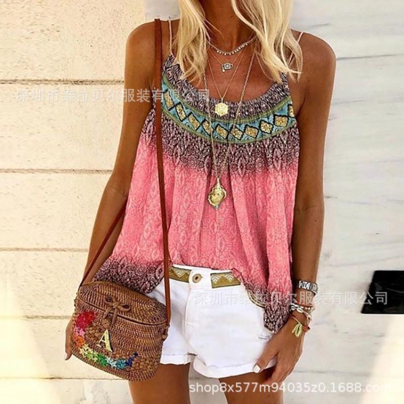 2026 Summer Loose Casual Round Neck Strap Hand-Painted Positional Print Women's Tank Top T-Shirt