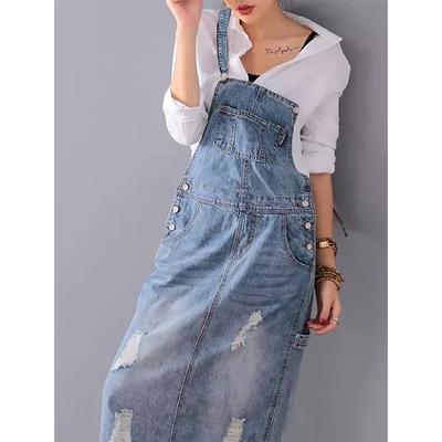 Damen Spaghettiträger Zerrissene Vintage Jeanskleider Damen Lose Jeanskleid Damen Gebleichte Löcher Jeanskleid Plus Size