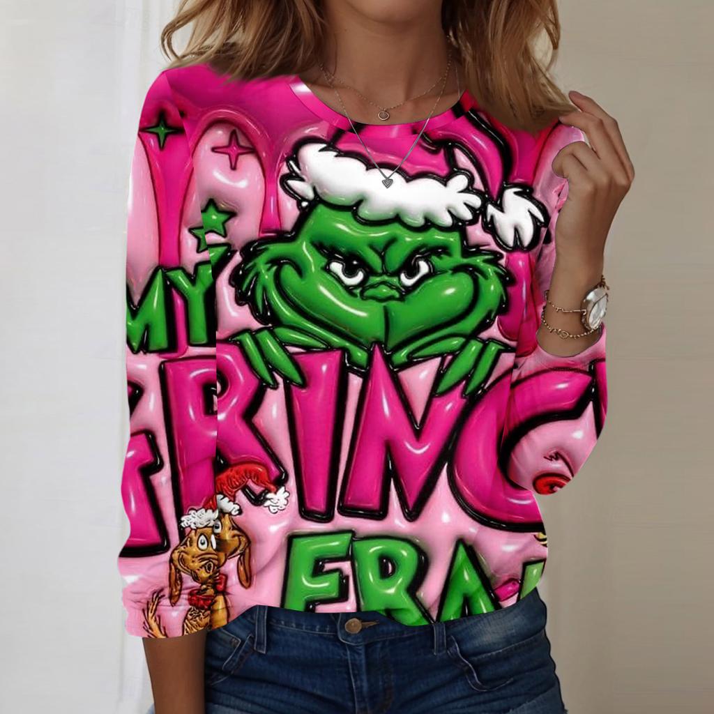 Damenmode, lässig, langärmelig, bedruckt, Rundhalsausschnitt, Pullover, Top, Bluse