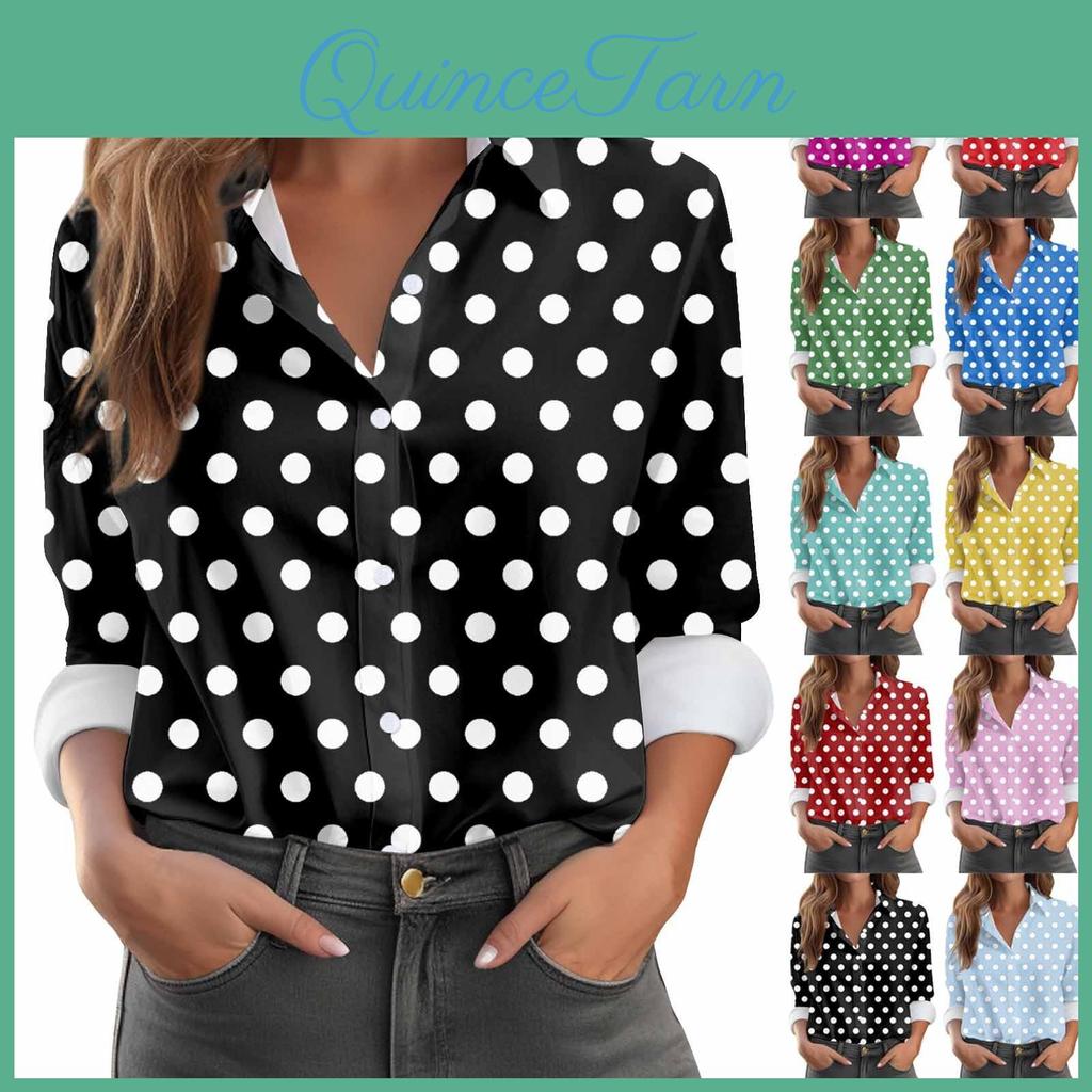 Button Print Blouse Shirt Womens Long Sleeve Casual Basic Shirt Collar Regular Top