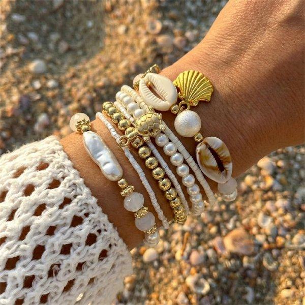 Boho-Mehrlagen-Perlenarmband-Set für Damen Sommer Ozean Strand Seestern Muschel Anhänger Elastische Armreifen Urlaubs Schmuck