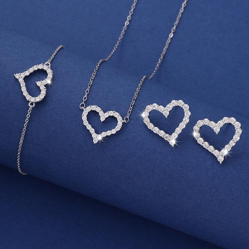 Micro Inlaid Full Rhinestone Hollow Heart Bracelet Necklace Earrings Fashion Jewelry Set