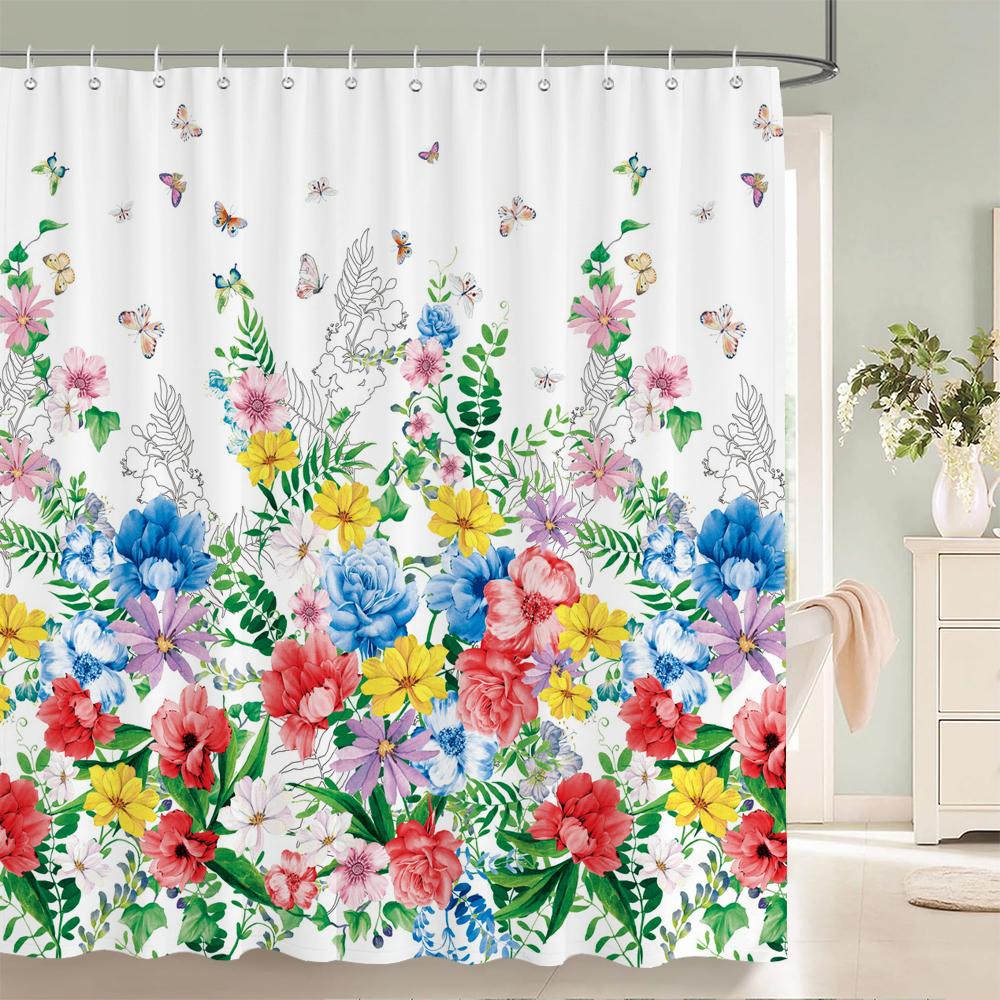 1Pcs elegant rose flower printed fabric waterproof shower curtain, romantic and fashionable rose bathroom decoration, with hooks