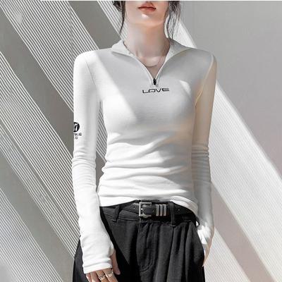 Women's Long-Sleeve T-Shirt Fall Sexy Slim Fit Stand Collar Zipper Double-Sided Fleece Base Shirt