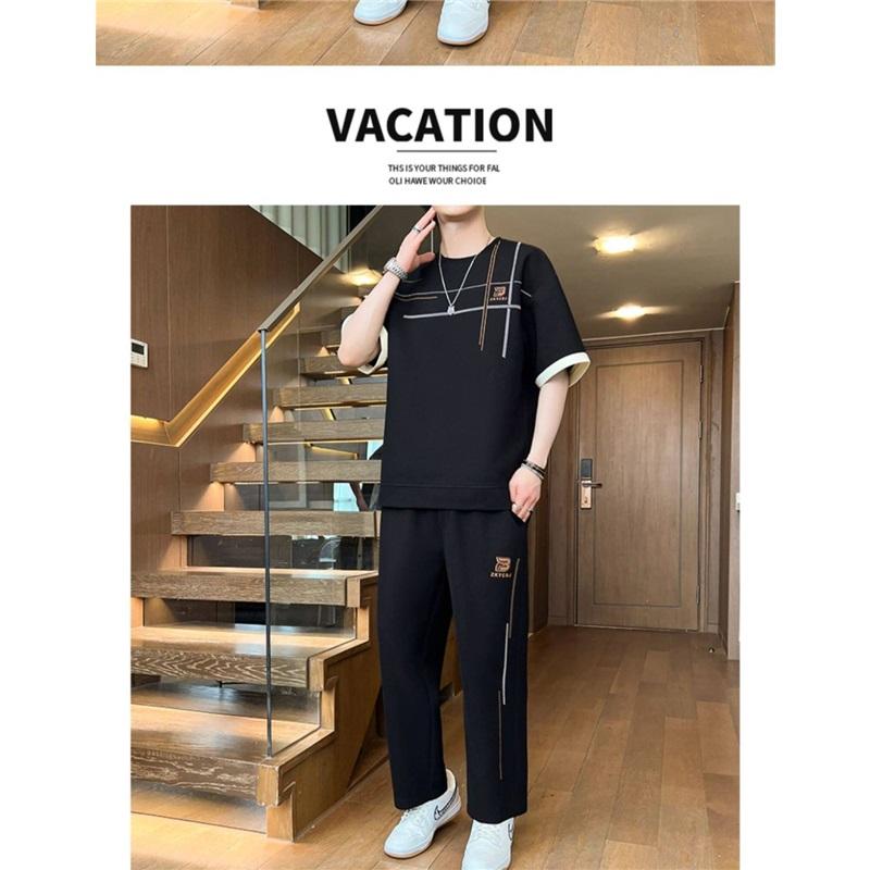 Men's 2-in-1 Summer Tracksuit Ice Silk Short Sleeve Tee Straight Pants Casual Streetwear Outfit