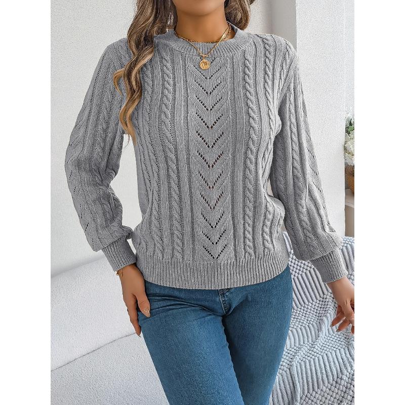 Autumn and Winter Casual Solid Color O-Neck Hollow Out Long Sleeved Pullover Sweater
