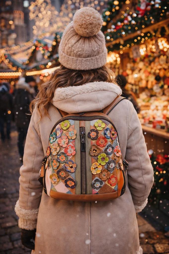 Rucsac Patchwork din Piele pentru Femei – Design cu Flori