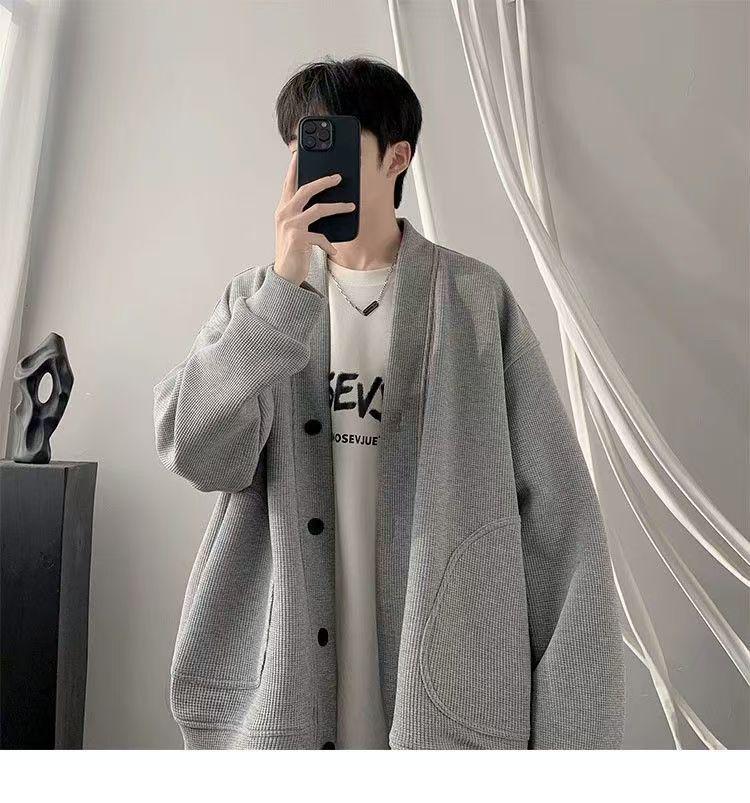 Men's Trendy Waffle Knit V-Neck Cardigan Jacket for Autumn 2026 - Relaxed Fit, Couple Style