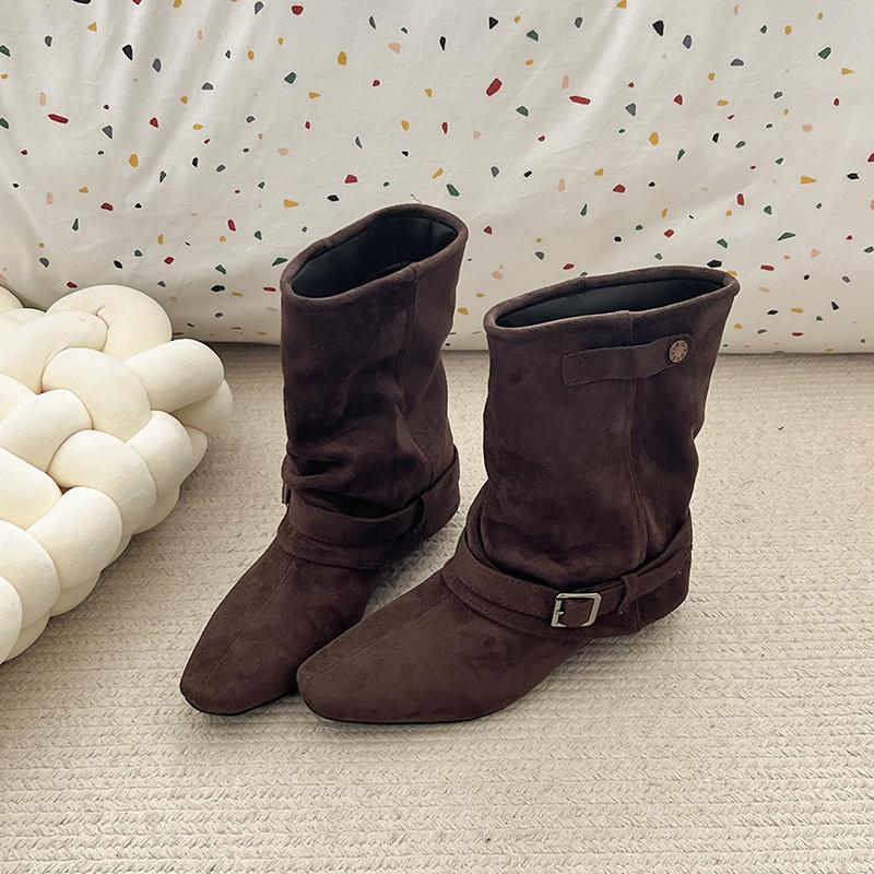 Winter Design Thick Heel Women Mordern Pipe Boots Fashion Belt Buckle Slip On Shoes Ladies Fashion Banquet Party Short Booties