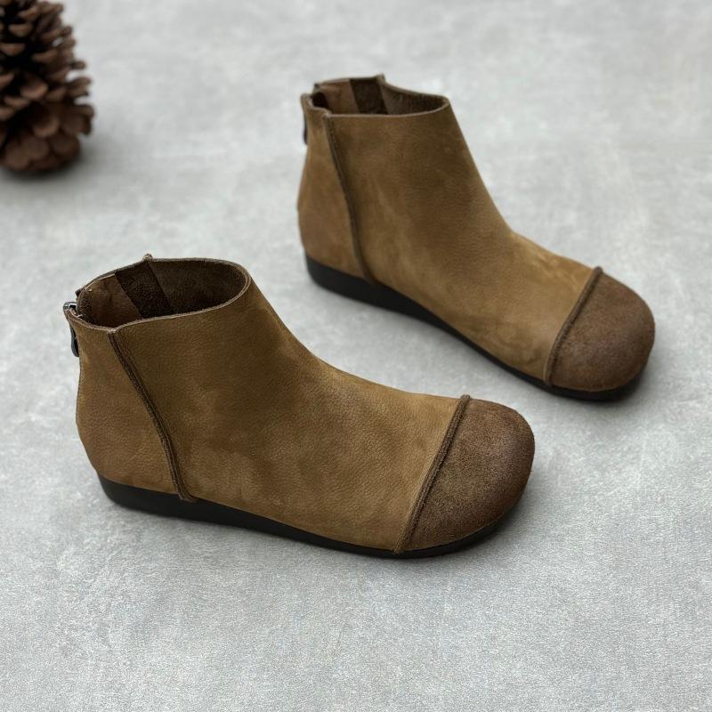 Retro leather boots literary handmade round head flat cowhide single boots