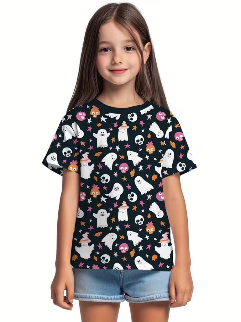 T-Shirt for Girls Halloween Cartoon Pumpkin Print Round Neck Short Sleeve Tops Fashion Girls Clothes Holiday Children's Clothing