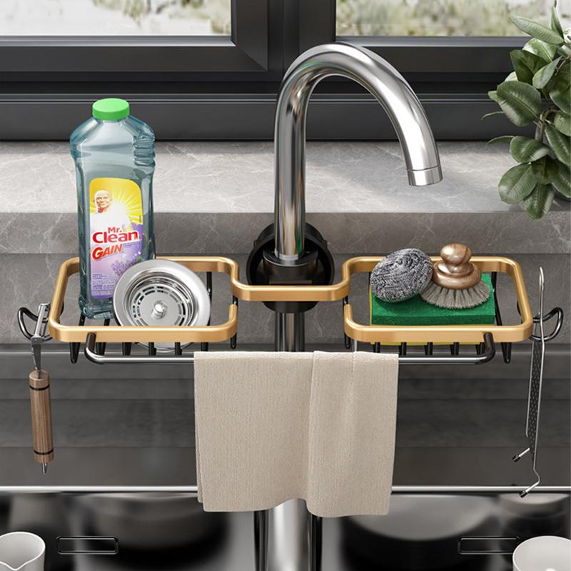 Kitchen Space Aluminum Sink Drain Rack Sponge Storage Faucet Holder Soap Drainer Shelf Basket Organizer Bathroom Accessories