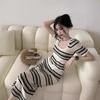 Striped Knit Midi Dress Women - Slim Fit High Waist Short Sleeve Bodycon With Square Neck
