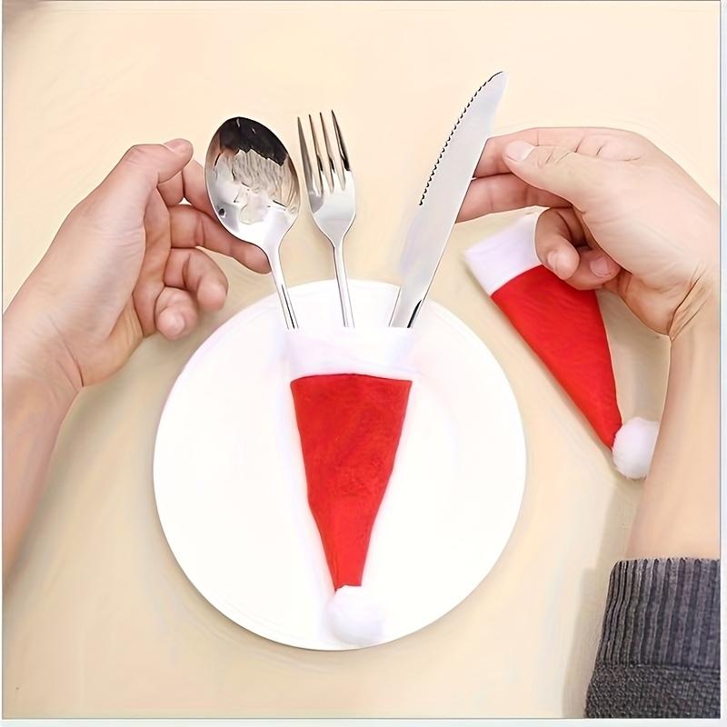 50pcs Christmas Hat for Fork Knife Tableware Decorations Plush Mini Santa Hat Family Party Decor New Year Gifts Xmas Hat Gifts