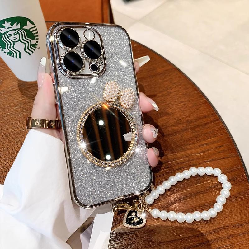 Apple 17 Glitter Diamond Mirror Phone Case with Pearl Bracelet for iPhone 16 Pro Max
