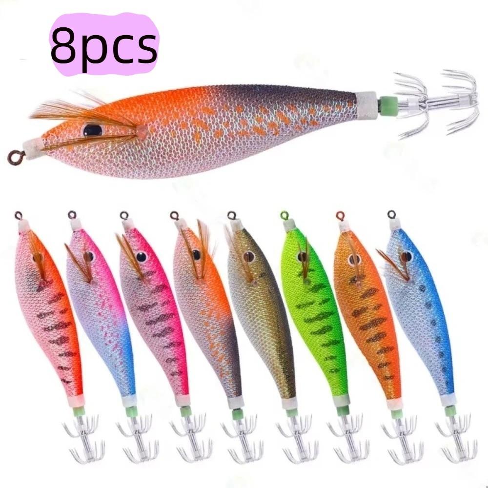8pcs Luminous Design Hard Bait Lure 11CM-13G Size Wooden Shrimp Bait Squid Hook Lure For Trout