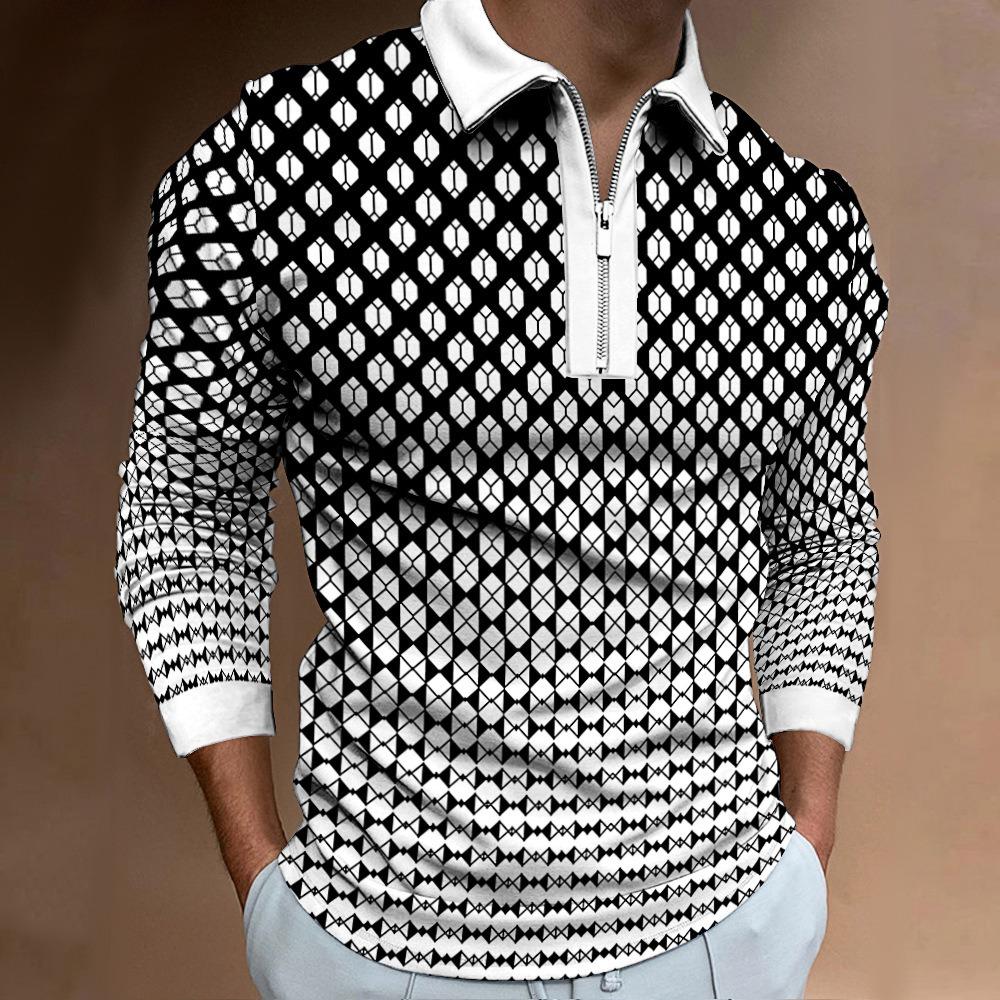 Men's Polo Shirt Autumn and Winter New Digital Printing T-shirt Casual Retro Long-sleeved Sweatshirt