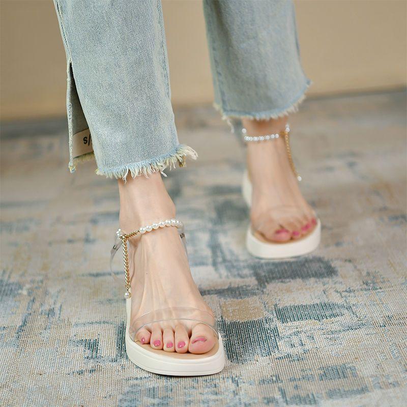 Pearl Women's Sandals Clear Wedges Heel Sexy Ladies Shoes 2025 Luxury Vip Footwear New Breathable Fashion On Offer Casual Shoe