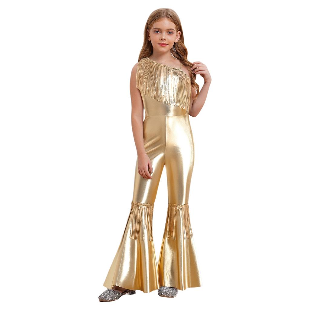 Kids Sparkly Jumpsuit Off-shoulder Sleeveless Sequin Tassels Flared for Pageant Show