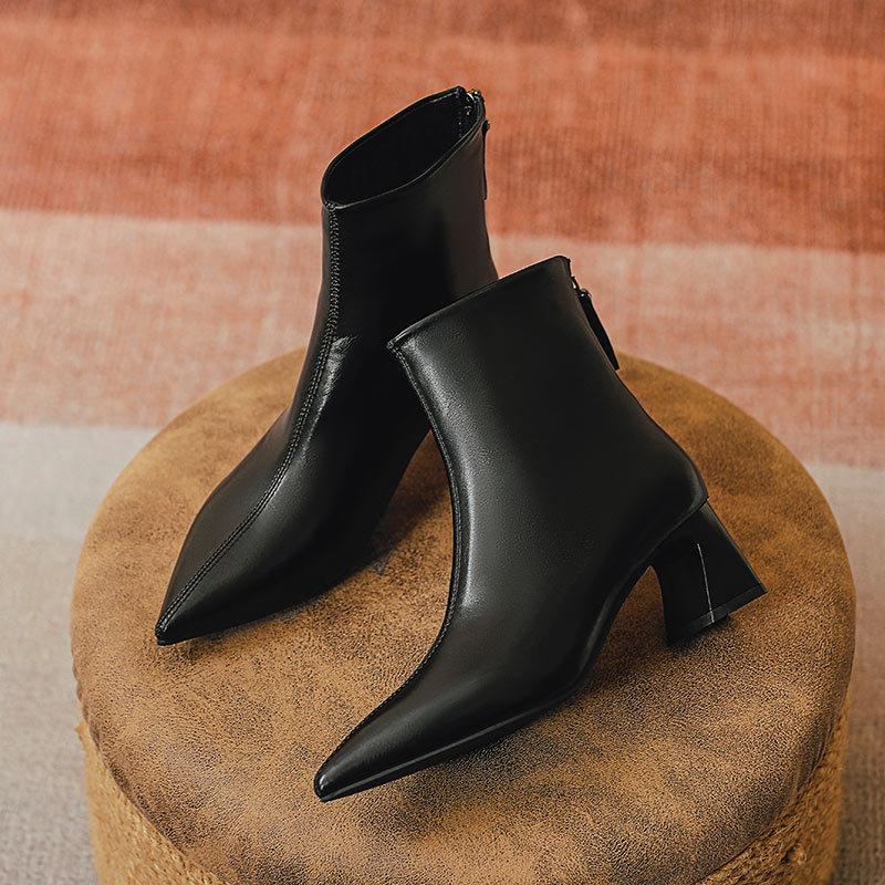 High-heeled Pointed Short Boots Women's Spring and Autumn Single Boots 2025 New Thick-heeled Thin Boots Rear Zipper Medium Tube Fashion Boots