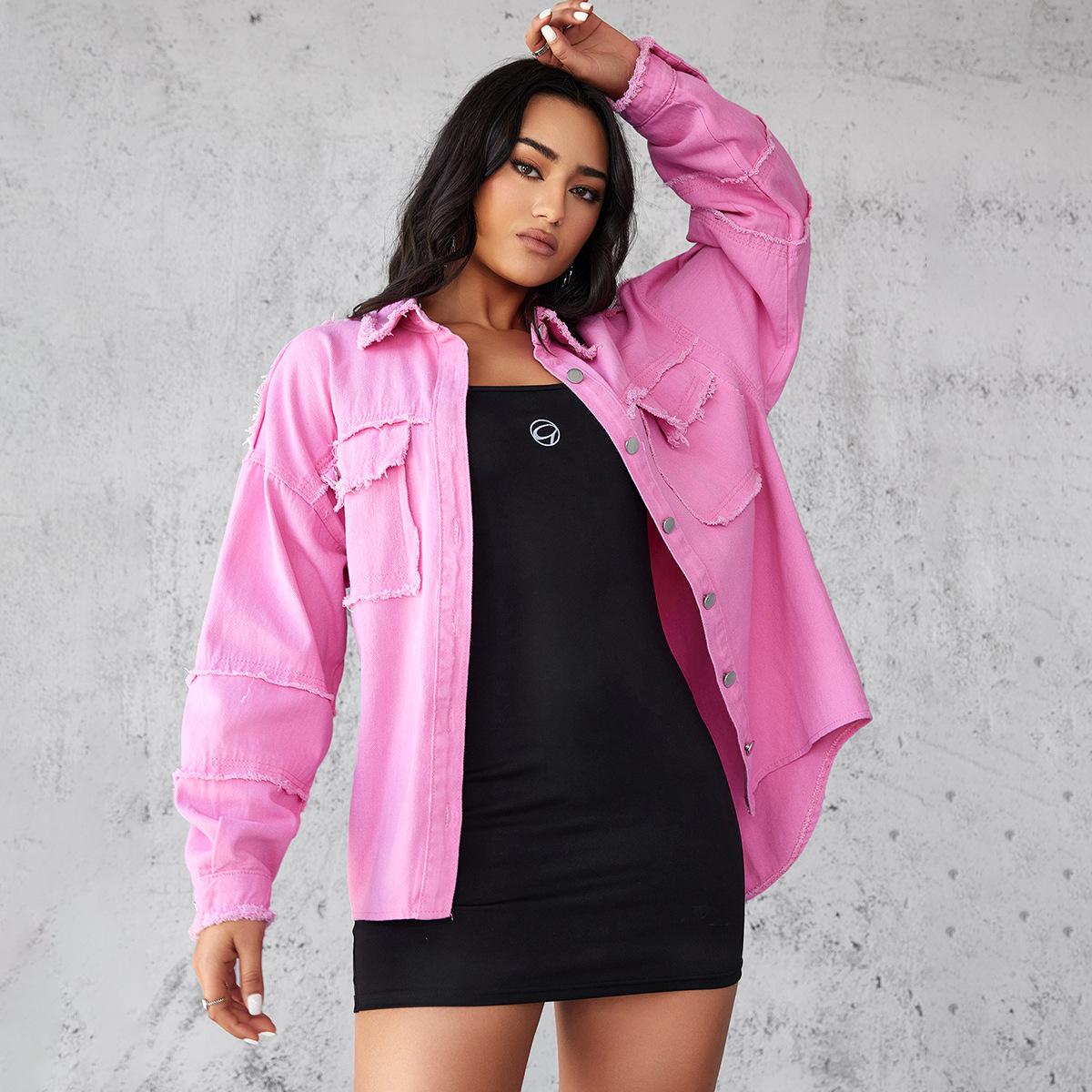 

Весняно-осіння жіноча джинсова куртка великого розміру Повсякденна вільна однотонна куртка-сорочка рожевий червоний колір