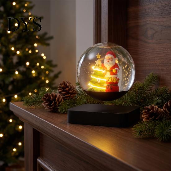 Illuminated Santa Sleigh for Mantle Magnetic Levitating Claus Tree Ornament with LED Light, Lighted Rotating Floating Tabletop Christmas Glass