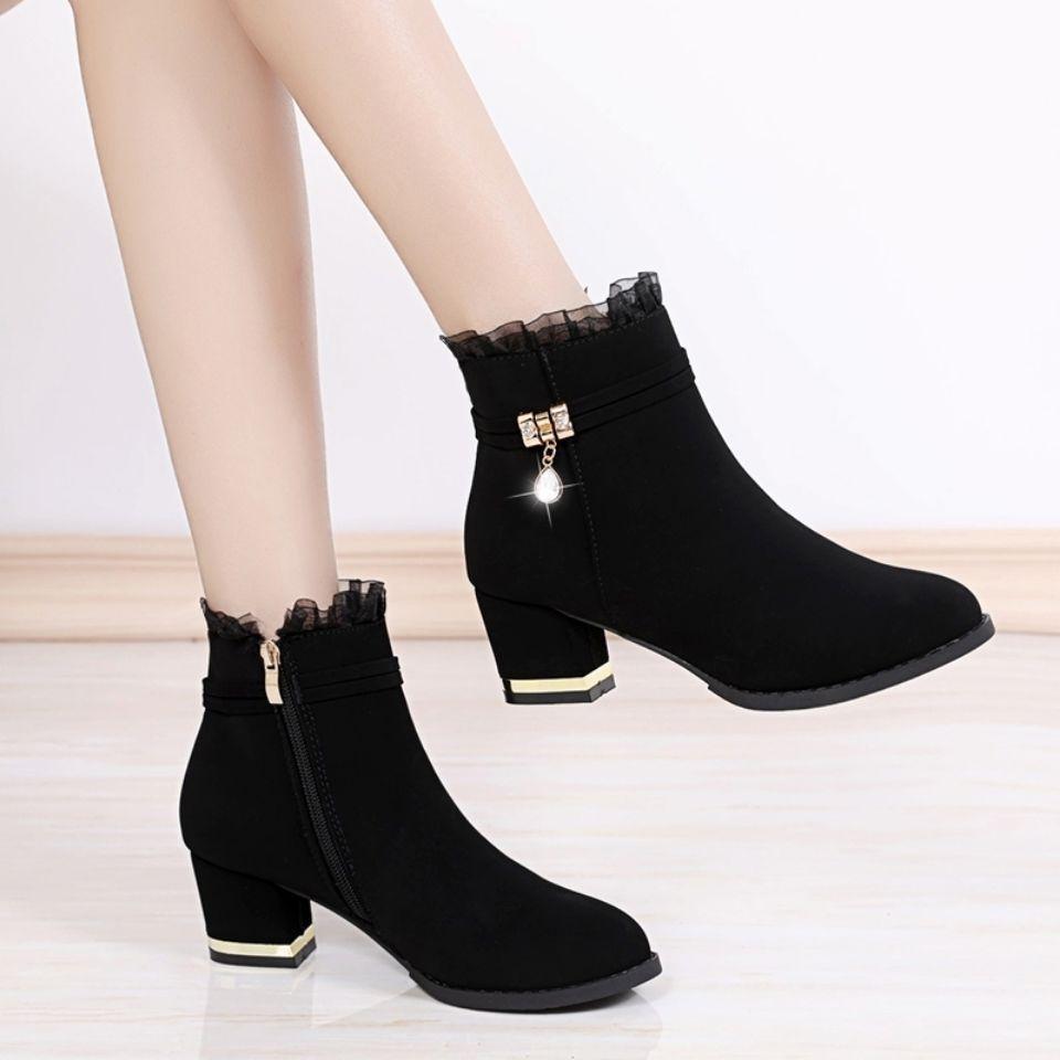 Thickened short boots women's thick heel 2025 autumn and winter warm Internet celebrity women's shoes non-slip versatile high heels velvet women