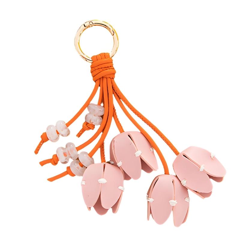 Elegant Tulips Shaped Leather Keychain With Beaded Accent For Bags And Keys Stylish Accessory Gift