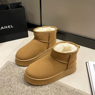 Winter Dames Korte Pluche Warme Sneeuwlaarzen Casual Schoenen Nieuwe Suède Bont Chelsea Enkellaarsjes Flats Platform Damesschoenen Botas