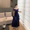 French Light Luxury Blue One-word Shoulder Dress Women's Niche Dress Fishtail Skirt