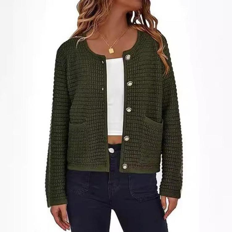 Women's Fashion French Elegant Short Knitted Coat with Pockets Round Neck Long Sleeve Buttoned Solid Soft Comfortable