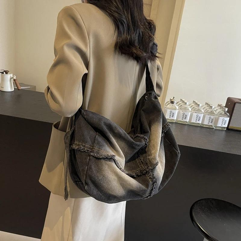 Geantă crossbody din pânză denim de mare capacitate cu fermoar simplu, geantă de umăr casual