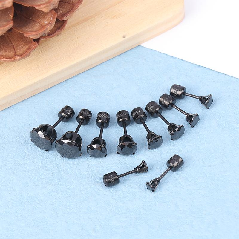 3-8Mm 1Pair Cubic Zirconia Titanium Stainless Black Diamond Zircon Stud Earrings For Women