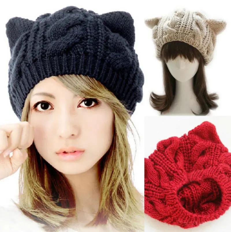 New Lovely Cat Ears Knitted Hat Fashion Women Solid Color Winter Warm Crochet Braided Beanie Hats Casual Girl Kawaii Wool Cap
