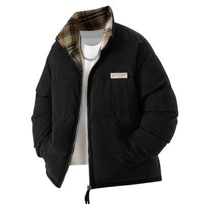 Cord-Baumwolljacke beidseitig tragbar, Herren Stehkragen karierte Jacke, Winter dicke warme Samtjacke, Baumwolljacke